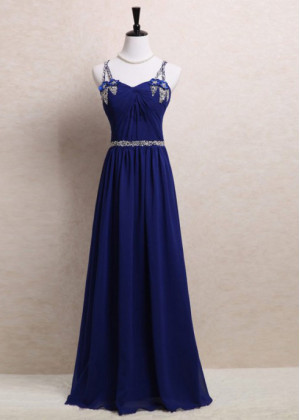 Beaded Double Straps Royal Blue Chiffon Long Evening Dress